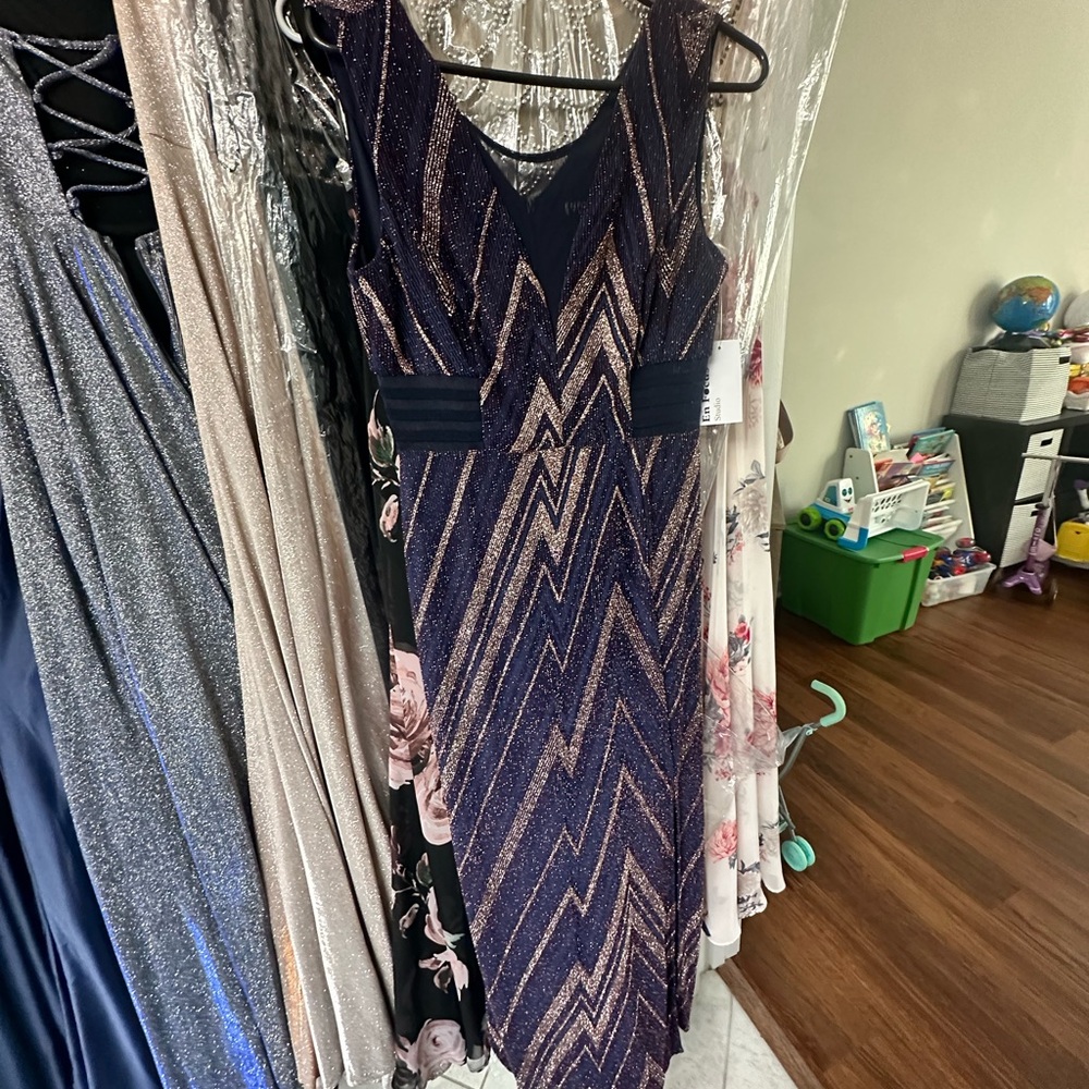 Enfocus Studio Navy and Gold Asymmetrical Dress